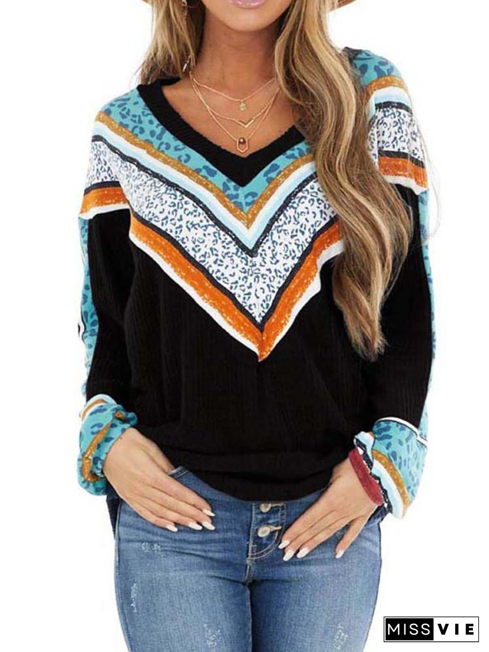 V-Neck Chevron Detail Long Sleeve T-Shirt