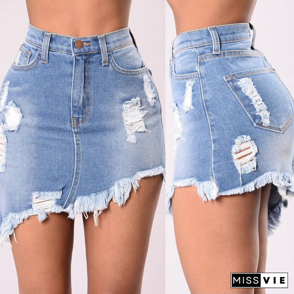 Fashion Women Ladies Ripped Tassel Hem Denim Jeans Short Mini Skirt Dress Plus