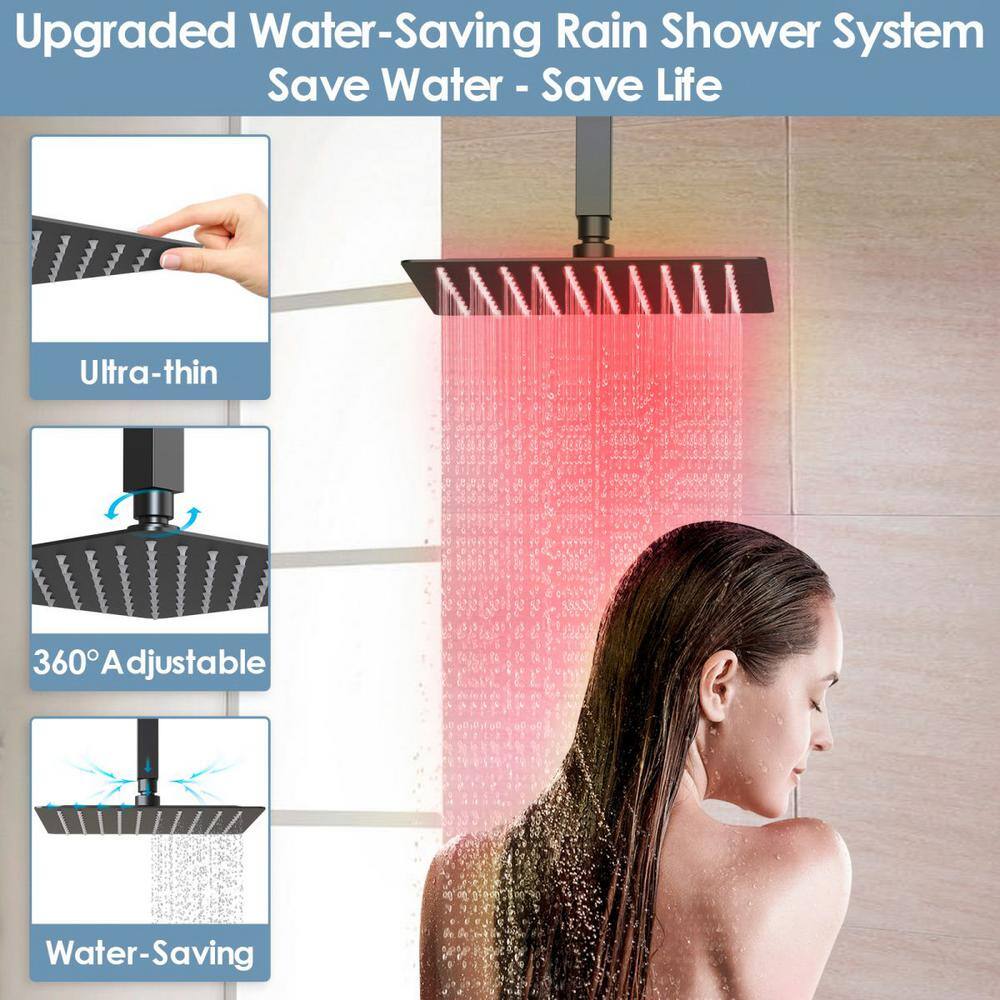 GRANDJOY LED Temperature Thermostatic Valve 7-Spray Ceiling Mount 12 in. Fixed and Handheld Shower Head 2.5 GPM in Matte Black GJSFS-1026-BK12