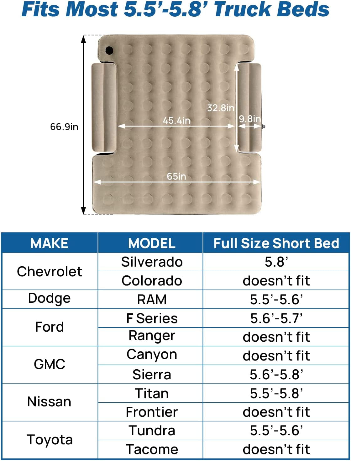 JOYTUTUS Truck Bed Air Mattress for 5.5-5.8Ft Full Size，400lb Max， Inflatable Air Mattress with Pump， Carry Bag and Cup Holder Design for Outdoor Camping