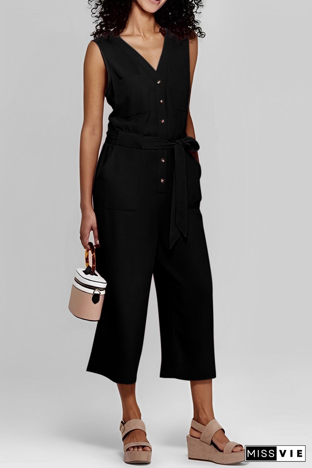 Black Buttoned Sleeveless Cropped Jumpsuit with Sash