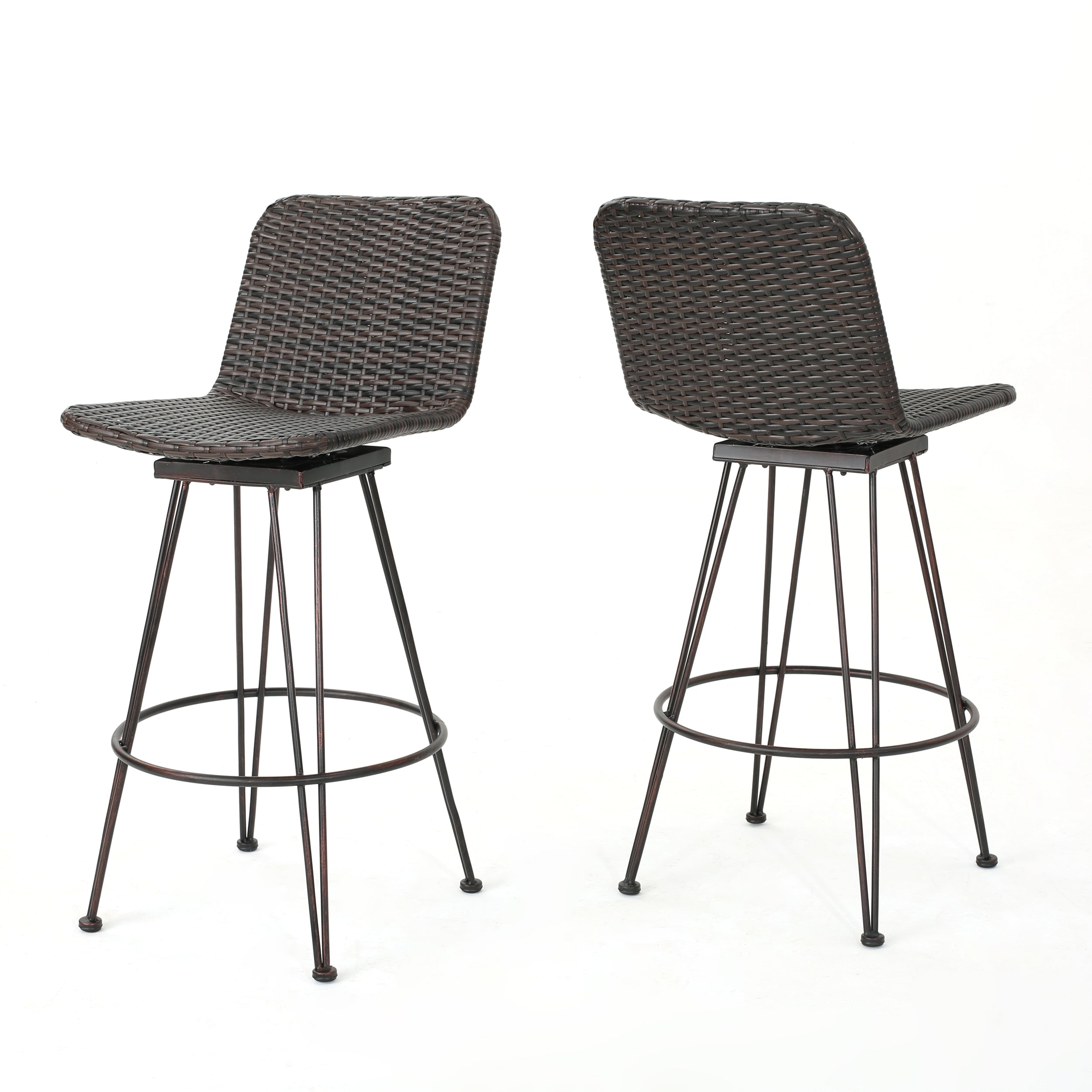 Pines 18-Inch Outdoor Wicker Barstools with Black Brush Copper Iron Frame (Set of 2)