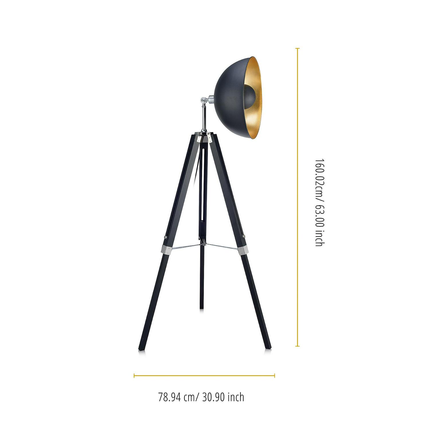 Teamson Home Fascino 63 Industrial Metal Tripod Floor Lamp with Dish Shade， Black/Gold