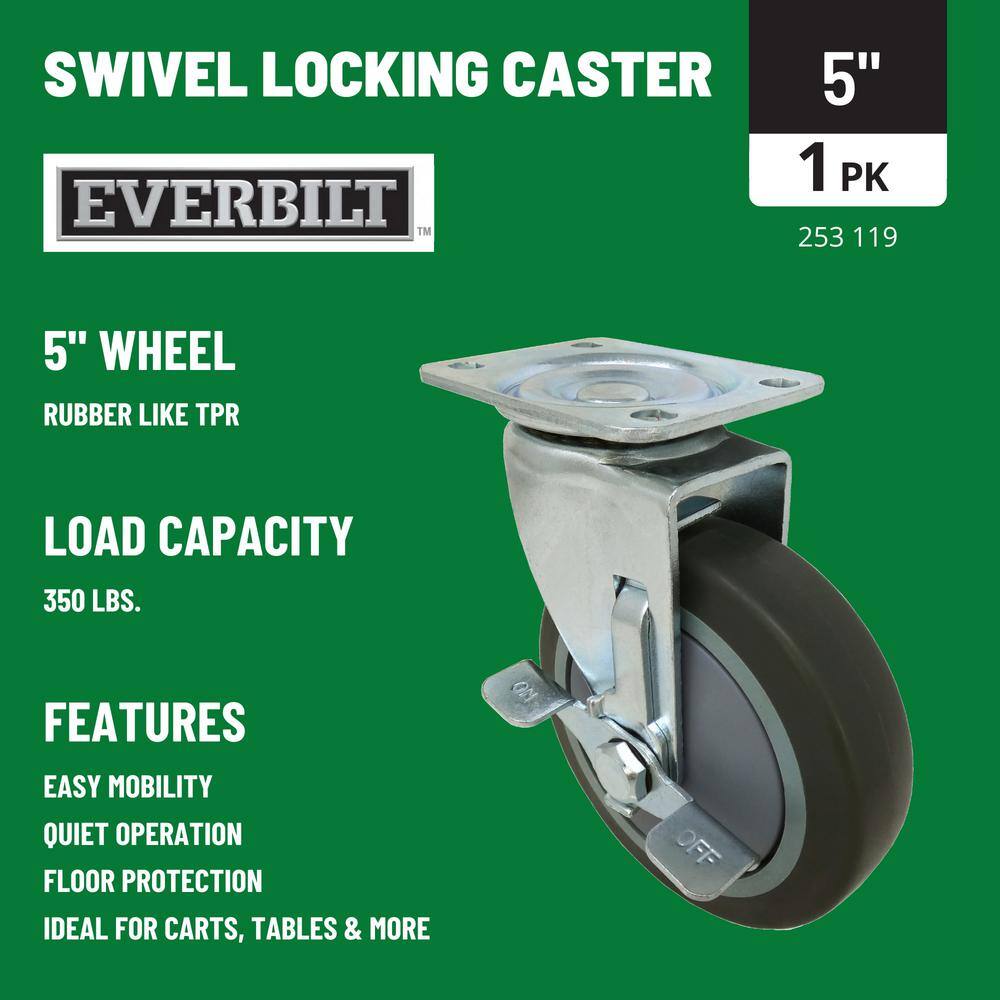 Everbilt 5 in. Gray Rubber Like TPR and Steel Swivel Plate Caster with Locking Brake and 350 lb. Load Rating 4031545EB