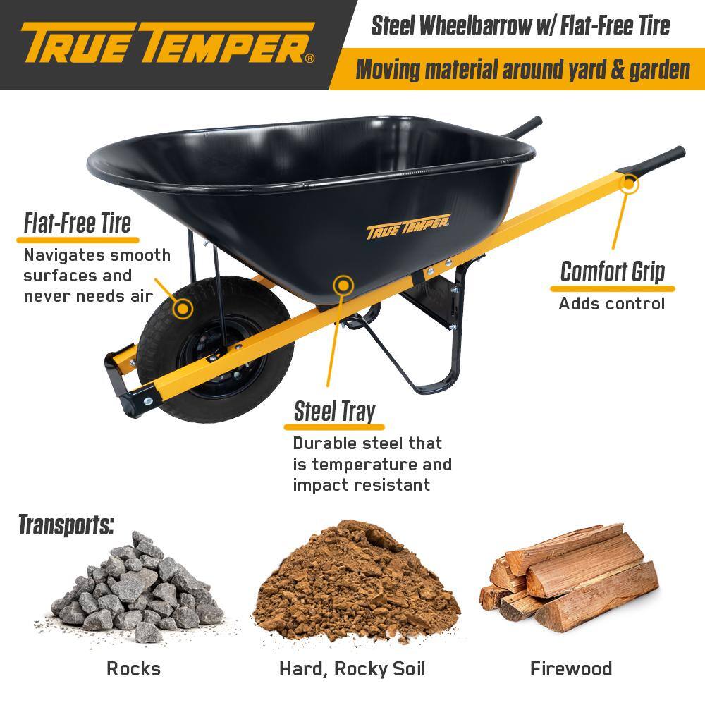 True Temper R6STFFEC 6 cu. ft. Barrow in a Box Steel Wheelbarrow with Never Flat Tire and Steel Handles