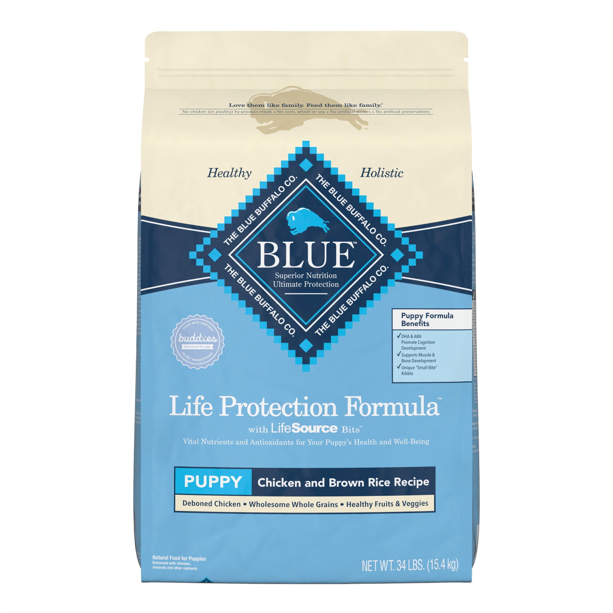 BLUE BUFFALO Blue Life Protection Formula Natural Puppy Chicken and Brown Rice Dry Dog Food， 34 lbs.