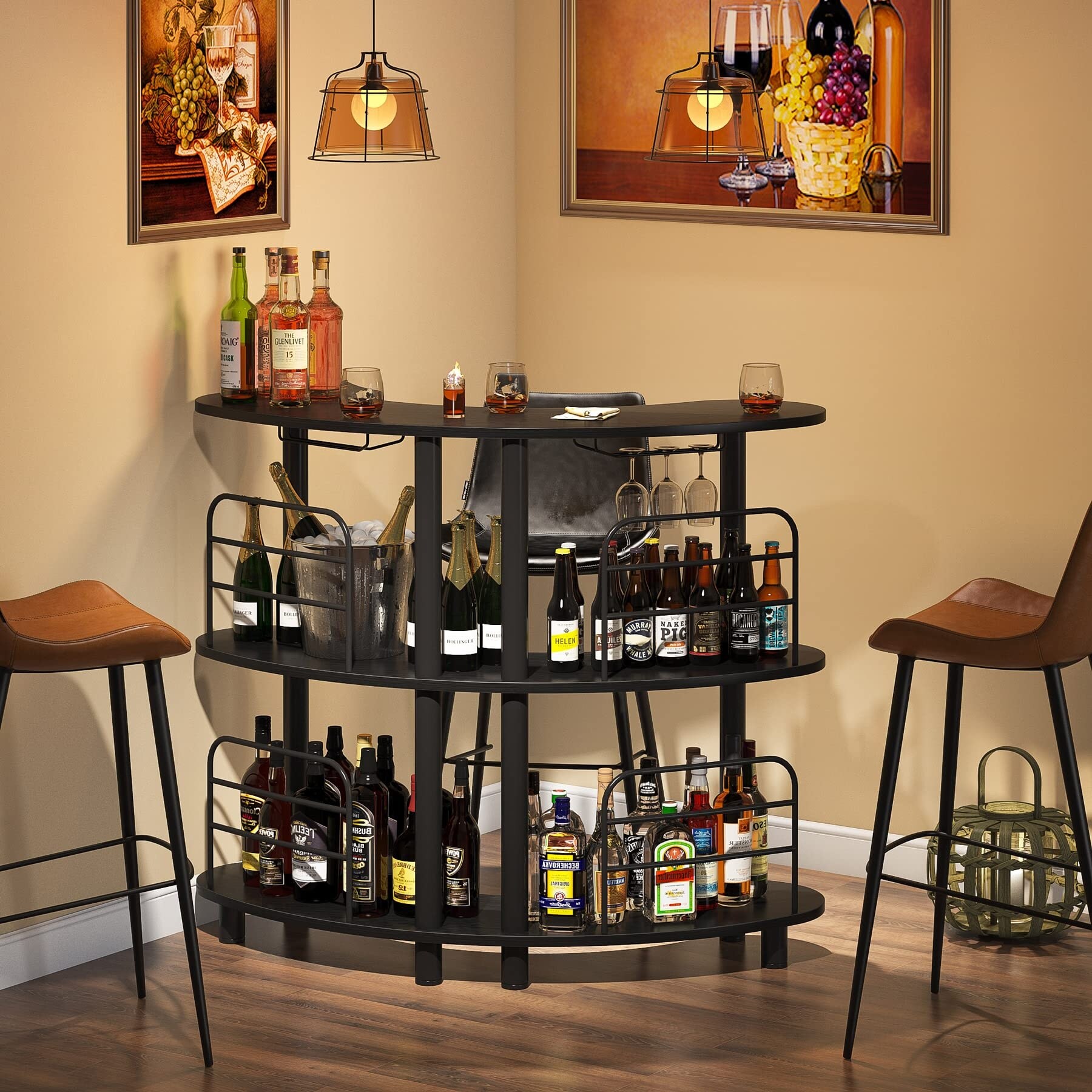 3 Tier Liquor Bar Unit， Wine Bar Cabinet with Storage Shelves with Wine Glass Holder for Home/Kitchen/Bar