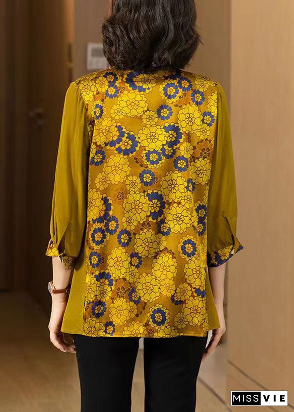 Women Yellow Print Button Patchwork Silk Shirt Bracelet Sleeve