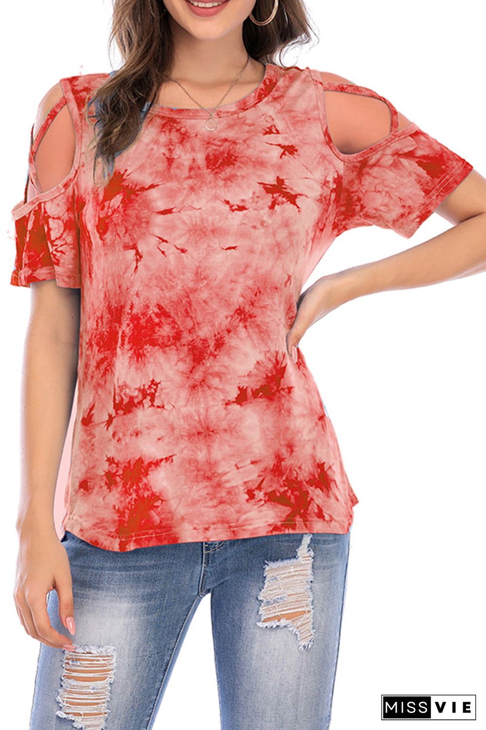 Criss-Cross Short Sleeve Crew Neck Tie Dye T-Shirt Wholesale