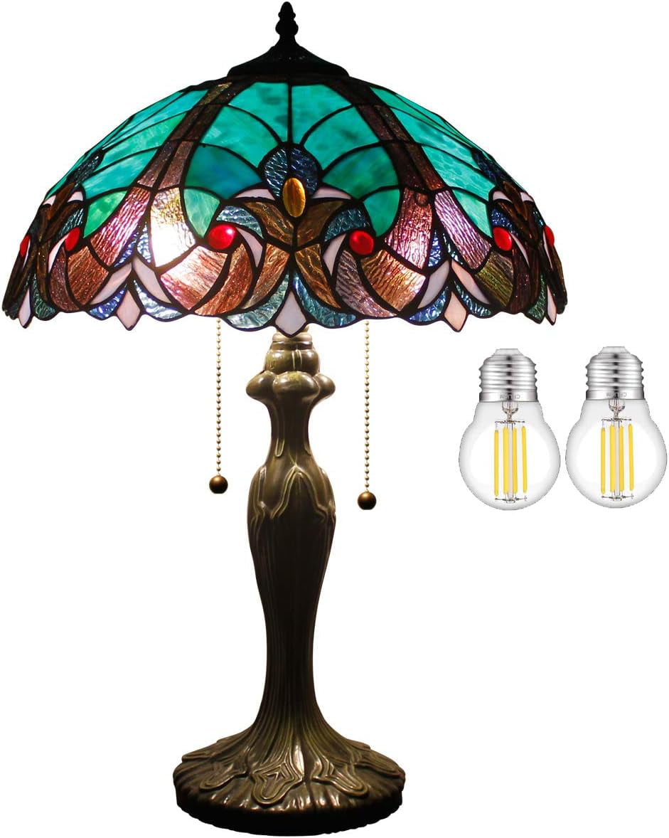 GEDUBIUBOO Tiffany Style Lamp Green Liaison Stained Glass Bedside Table Lamp 16X16X24 Inches Desk Light Metal Base Decor Bedroom Living Room  Office S160G Series Teal Purple