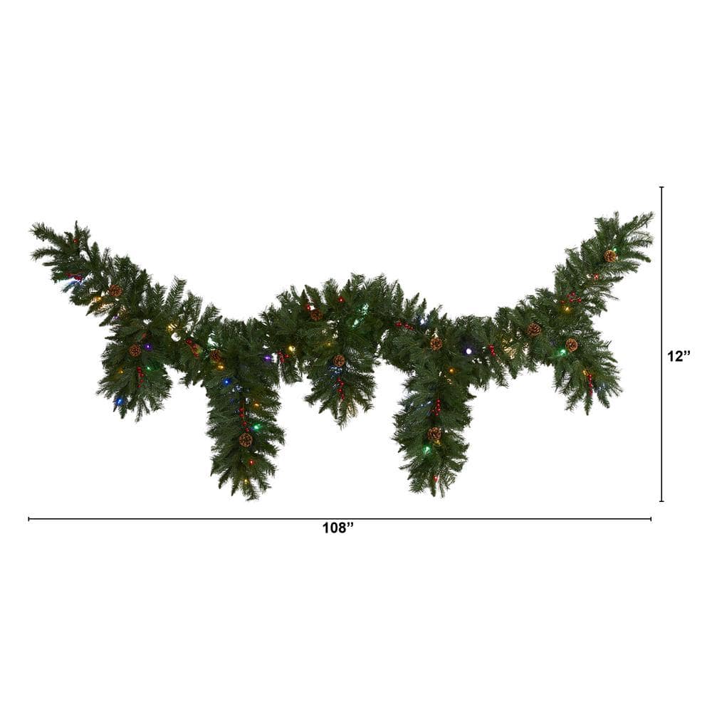 9 ft. x 12 in. Hanging Icicle Artificial Christmas Garland with 50 Multi-Colored LED Lights Berries and Pine Cones 4458