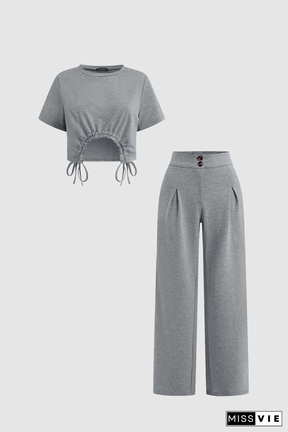 Solid Drawstring Crop Top & Slant Pocket Pants Set