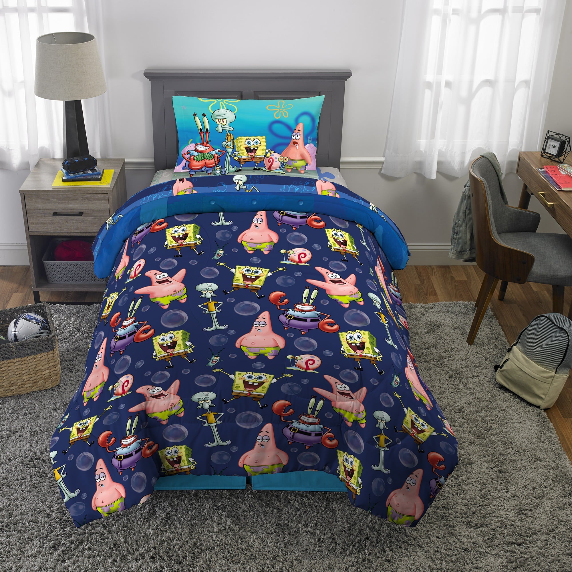 SpongeBob SquarePants Kids Twin Bed in a Bag, Comforter and Sheets, Blue, Nickelodeon