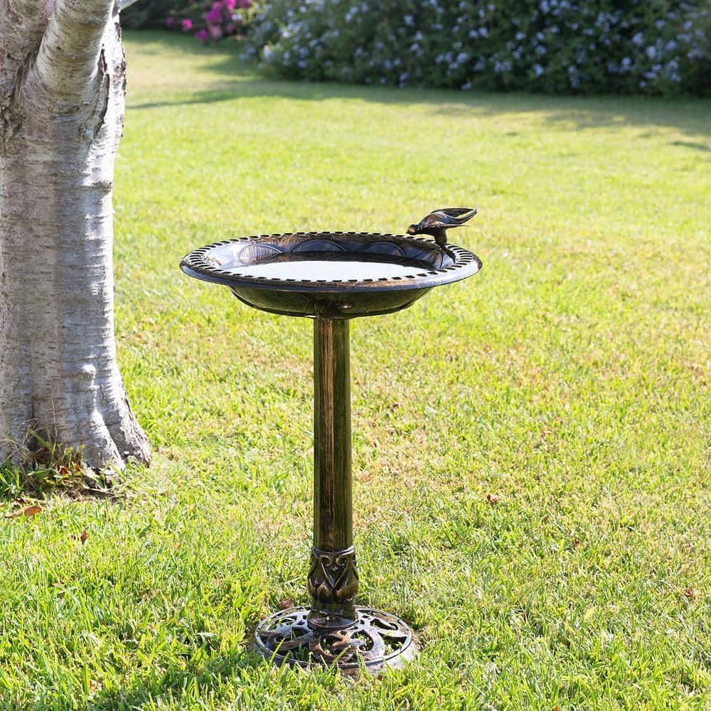 Alpine Corporation 27 in. Tall Outdoor Antique Style Bronze Birdbath Bowl with Bird Figurine TEC294BZ