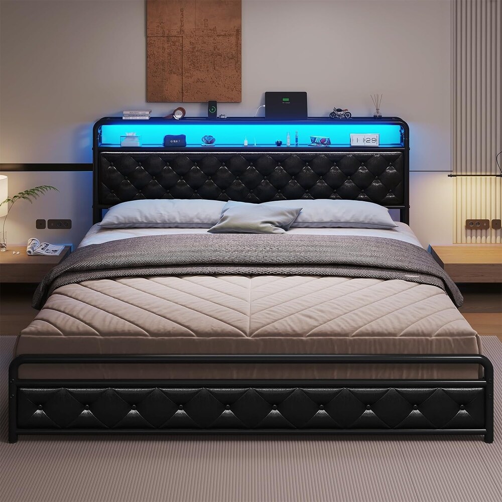 King Size Bed Frame with Built in LED Light Headboard