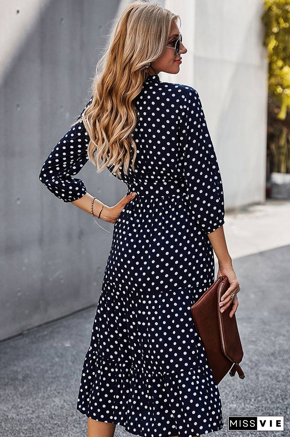 Classic Polka Dot Printed Gathered Waist  Midi Dress