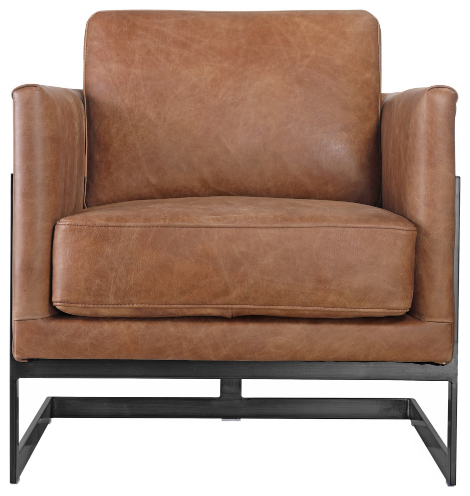 Luxley Brown Tan Top Grain Leather Club Chair Metal Frame Modern Style   Industrial   Armchairs And Accent Chairs   by Sideboards and Things  Houzz