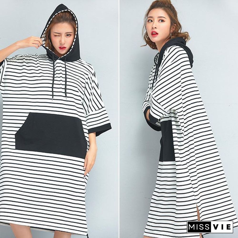 Brand Oversized Women Clothing Loose Casual Cotton Striped Dress