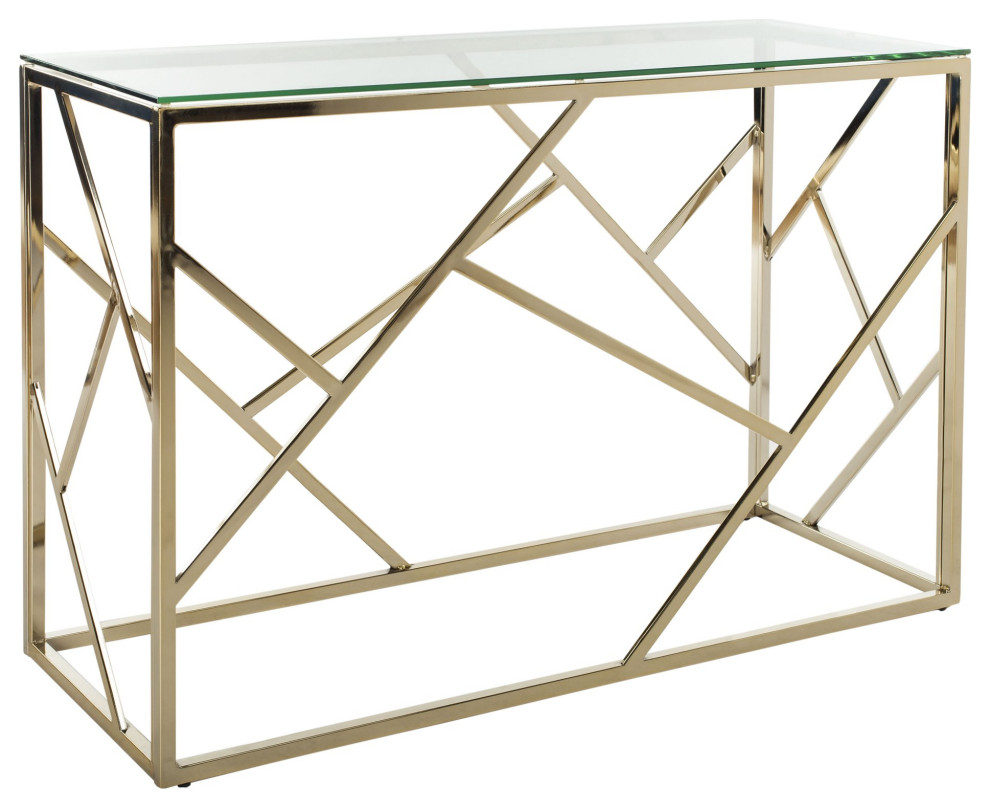 Elegant Console Table  uring Geometric Golden Frame  ampLarge Clear Glass Top   Contemporary   Console Tables   by Decor Love  Houzz