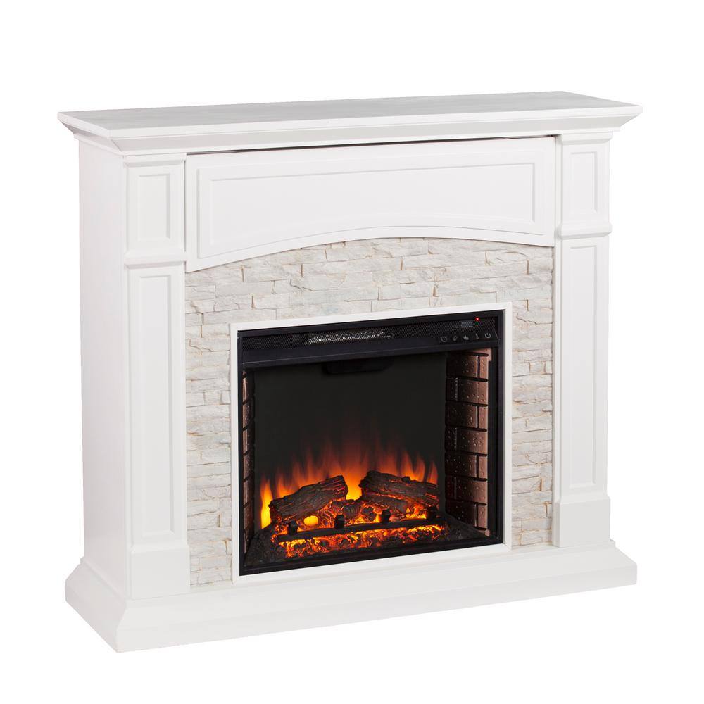 Southern Enterprises Conway 45.75 in. Electric Fireplace TV Stand in White with White Faux Stone HD90305