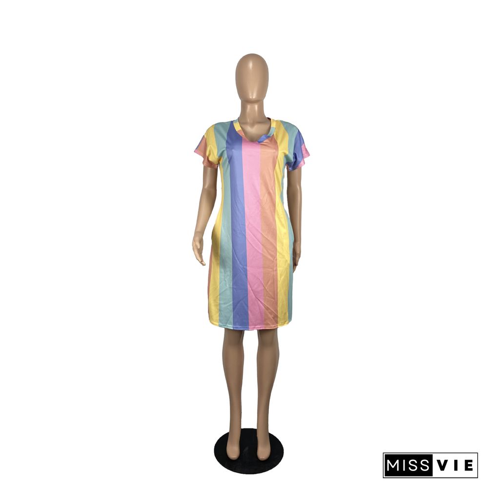 Fashion Women Summer Sexy Short Sleeve O Neck Loose Rainbow Striped Print Oversized T Shirt Midi Dress