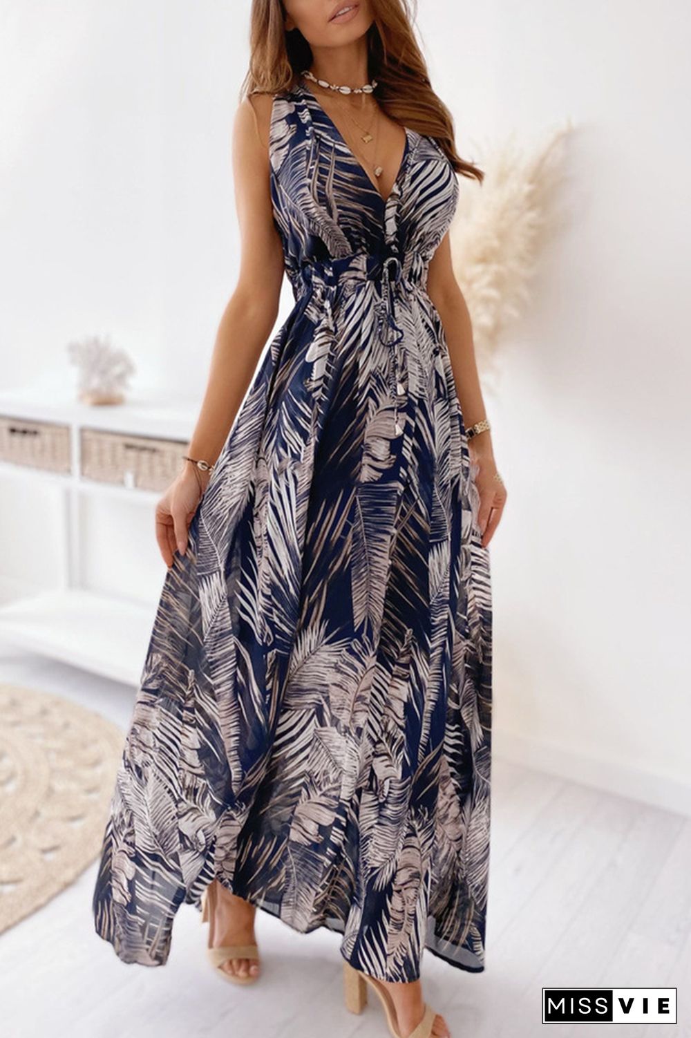 Casual Print Split Joint V Neck Waist Skirt Dresses