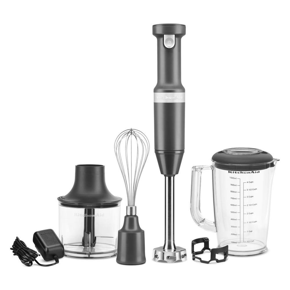 KitchenAid Cordless Variable Speed Charcoal Grey Hand Blender with Chopper and Whisk Attachment KHBBV83DG