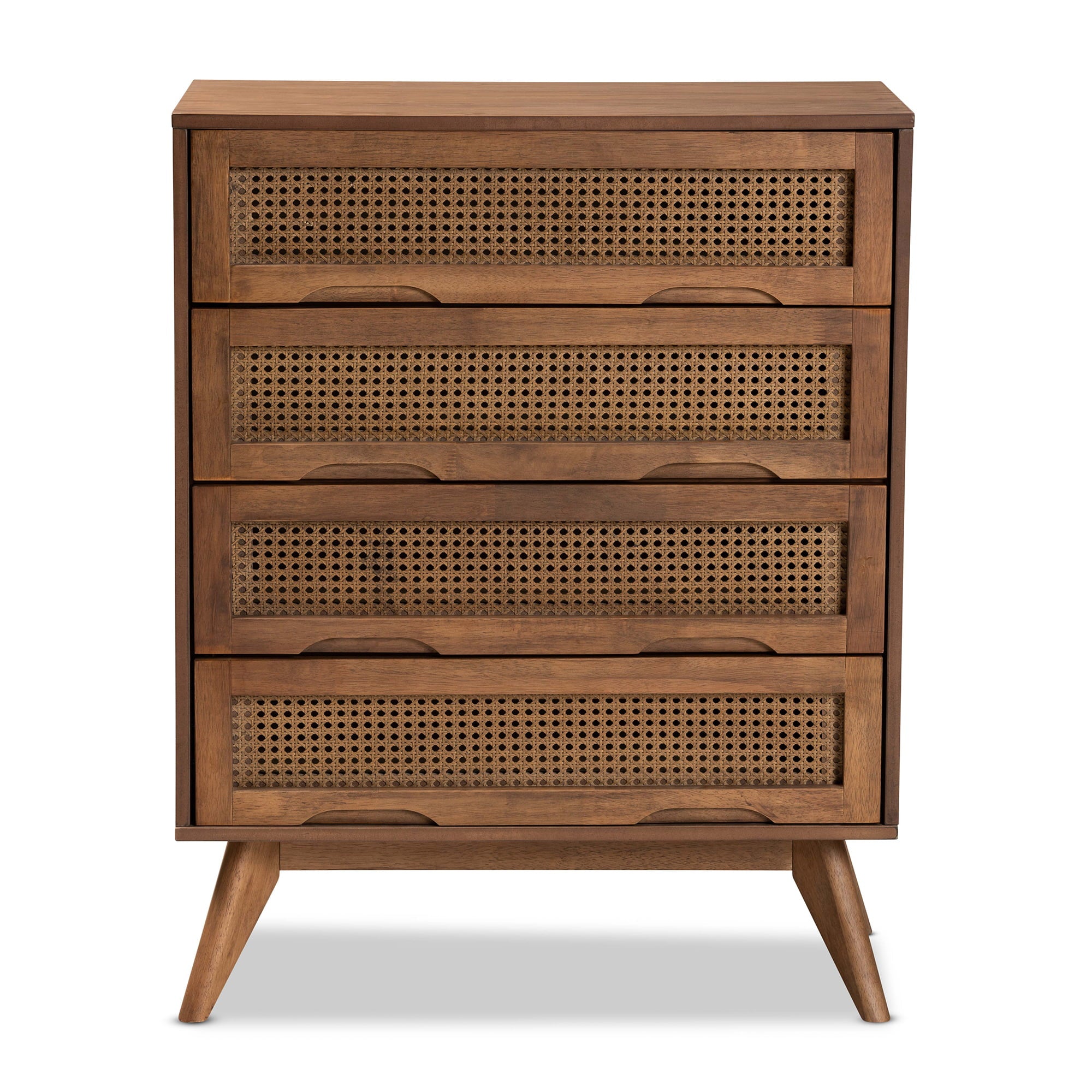 Baxton Studio Barrett Mid-Century Modern Walnut Brown Finished Wood and Synthetic Rattan 4-Drawer Chest