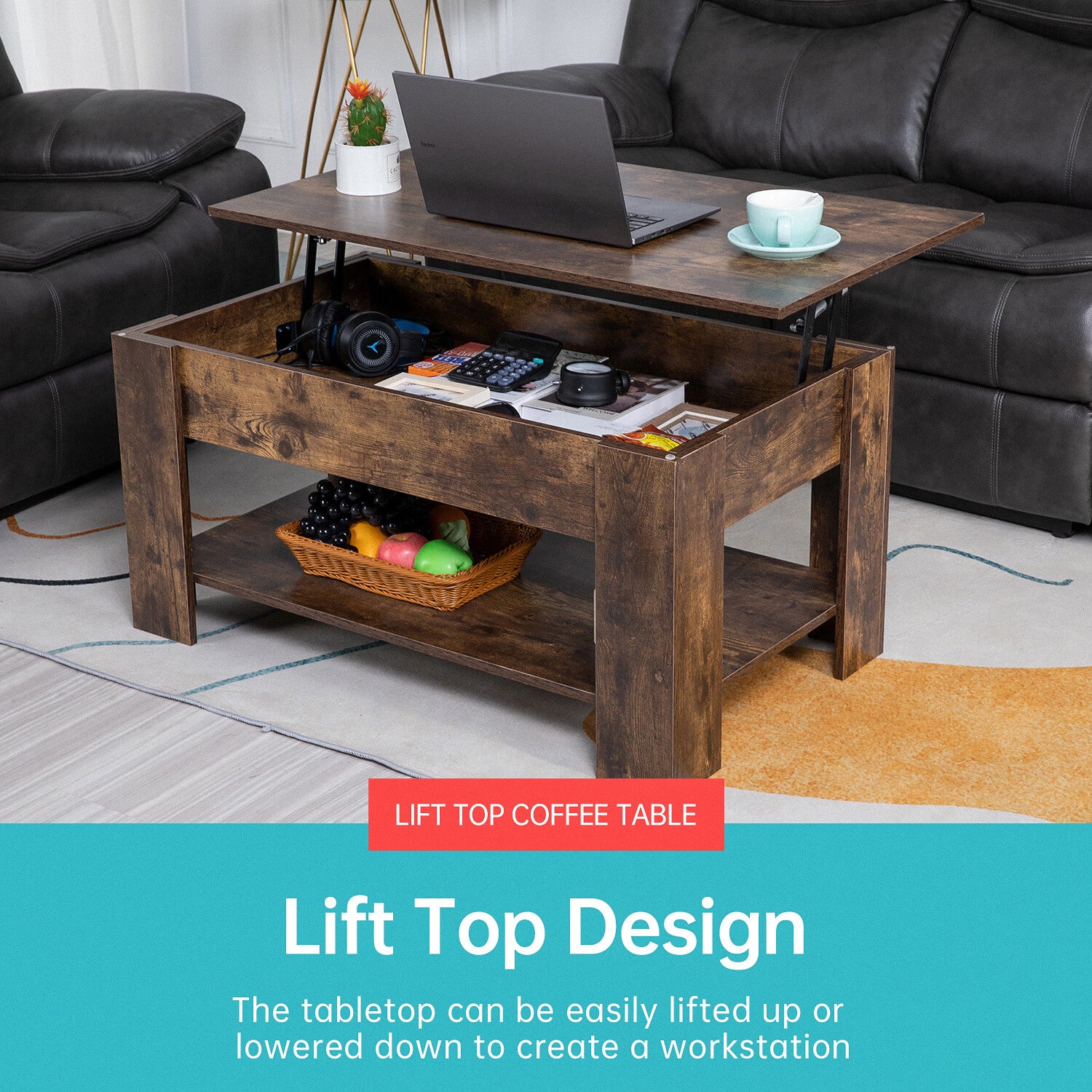 YRLLENSDAN Wooden Lift Top Coffee Table with Hidden Storage, Lift Top Coffee Table with Hidden Compartment and Storage Shelf for Living Room Home Reception Room Office