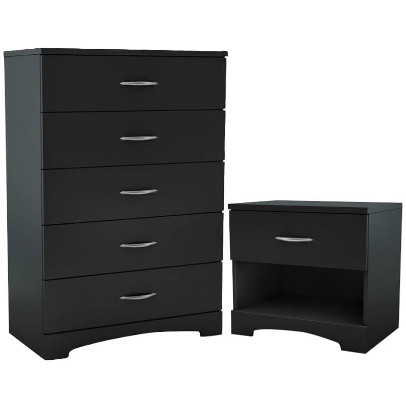 Home Square 2-Piece Set with 1-Drawer Nightstand & 5-Drawer Chest in Pure Black