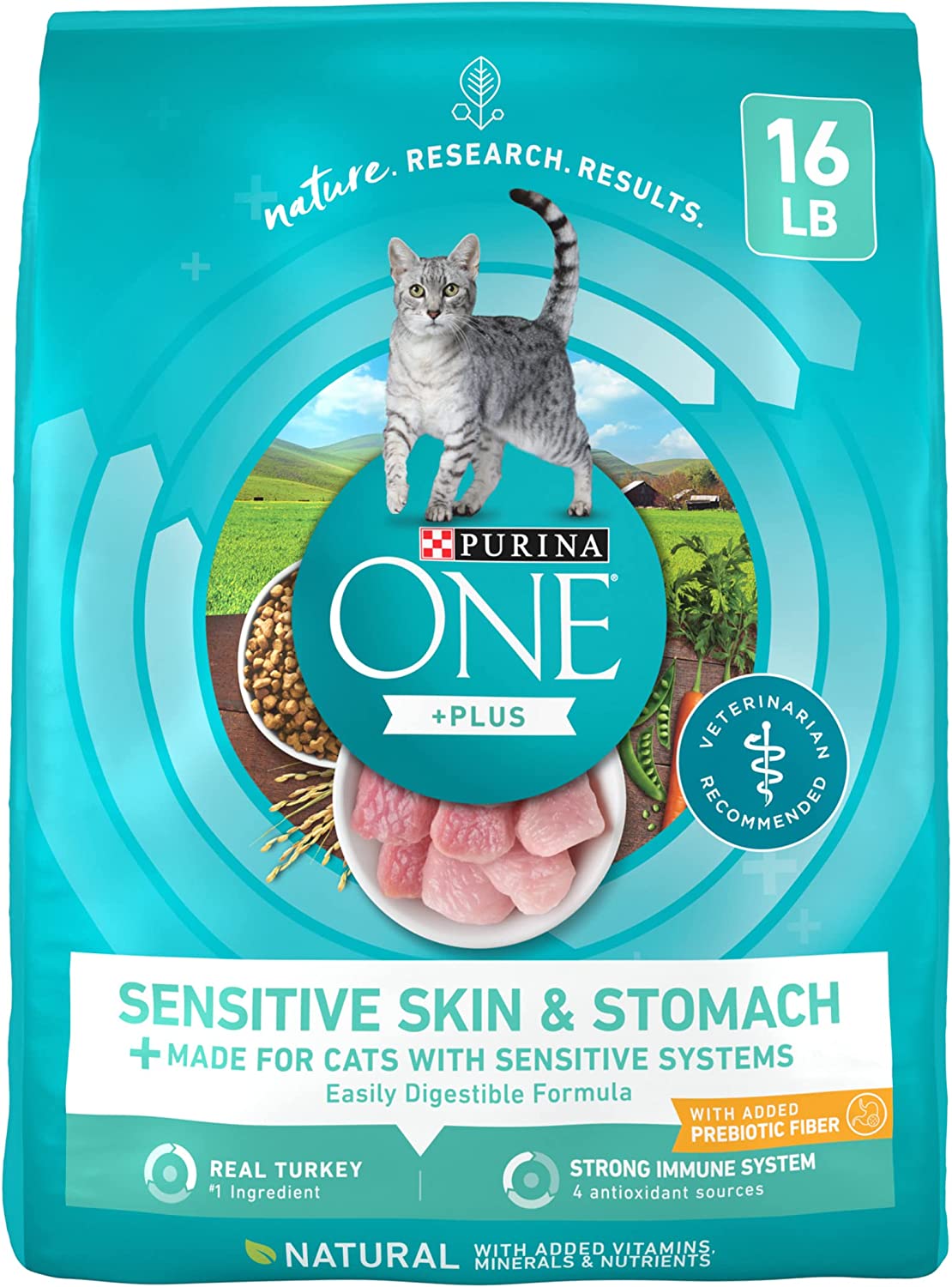 Purina ONE Sensitive Skin and Stomach With Real Turkey， Natural Adult Dry Cat Food 16 lb. bag