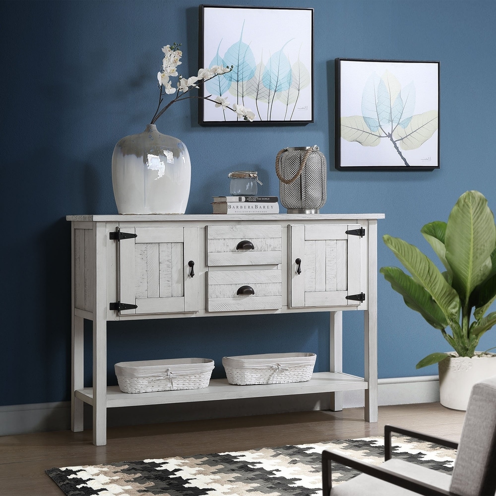 Solid Wood Buffet Console Table with 2 Drawers and Cabinets  White