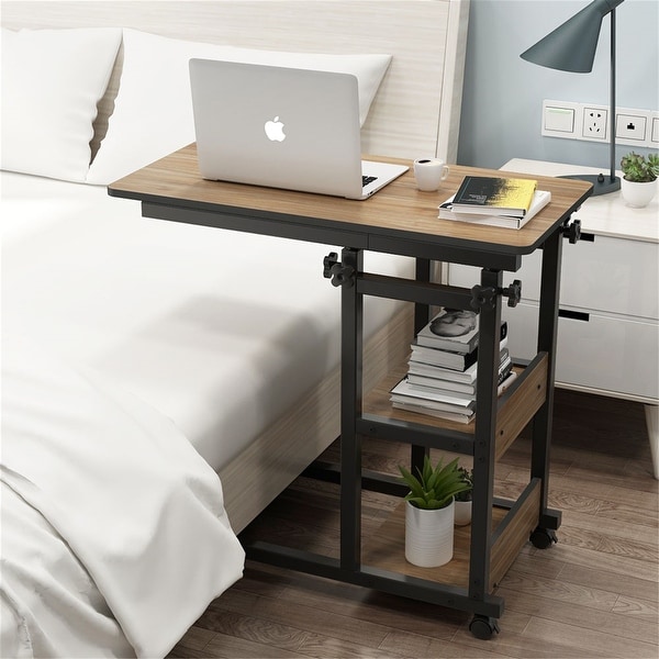 Brown/ Black Wood C-Shaped OverBed SideTable with Wheels， Industrial mobile Bed End Tables for Bedroom