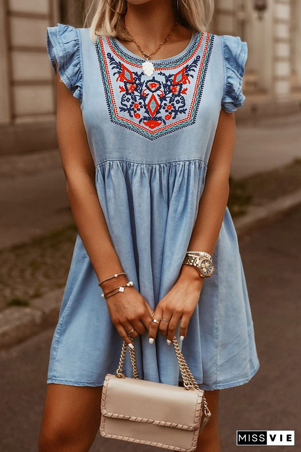 Sky Blue Floral Embroidered Ruffled Sleeve Mini Dress