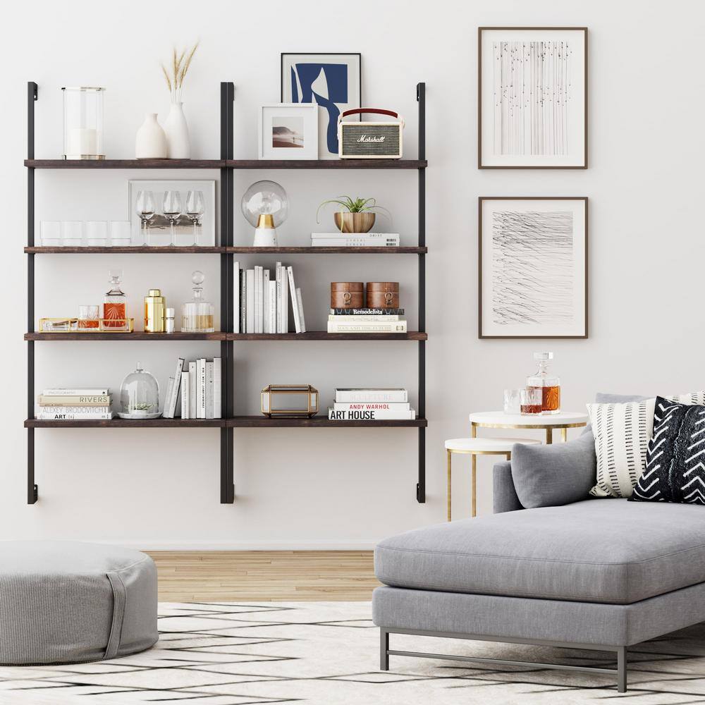 Nathan James Theo Nutmeg Brown 4-Shelf Wood 64 in. Black Pipe Metal Frame Floating Wall Mount Shelves Bookcase 65701