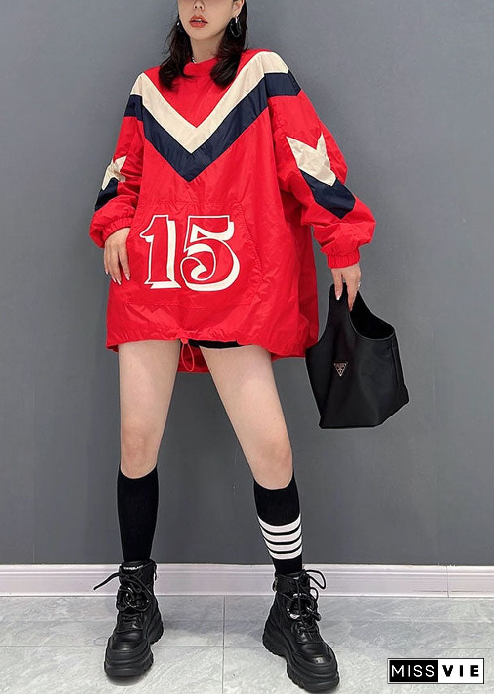 Stylish Red Oversized Pockets Drawstring Print Sweatshirts Top Fall