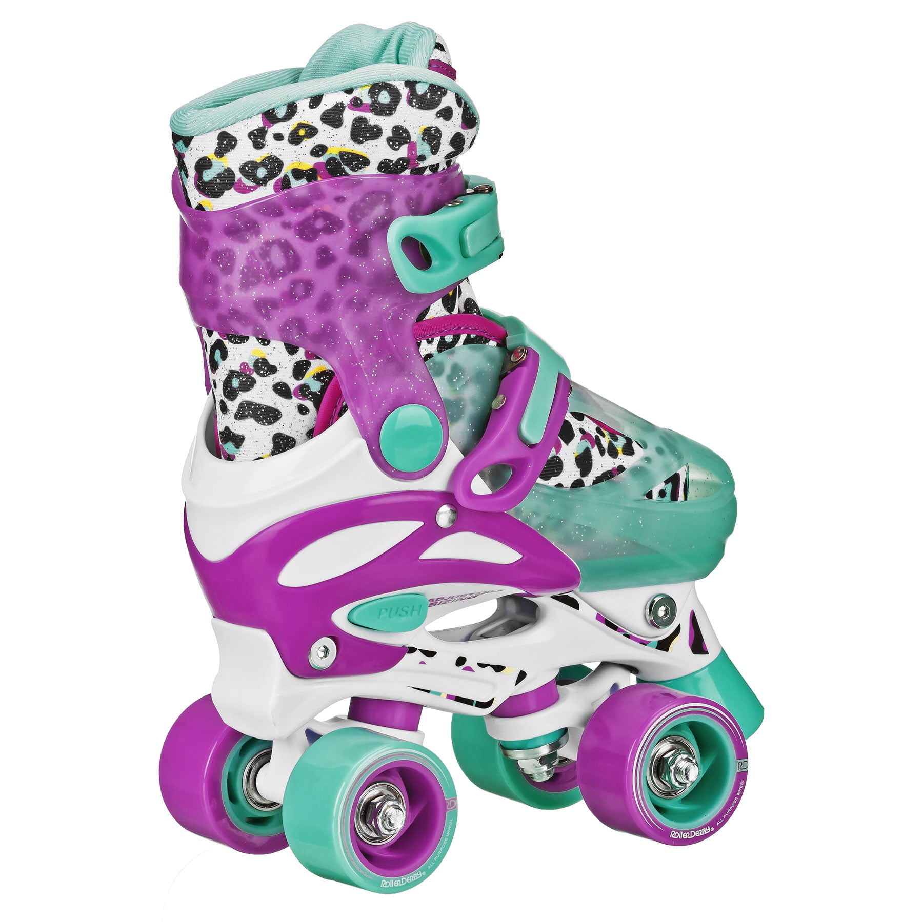 Roller Derby Sprinter Girl's 2-in-1 Adjustable Quad Roller and Inline Skates Combo, Leopard, Small (12-2)