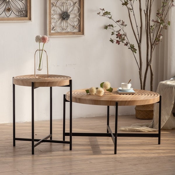 Modern Thread Design Round Coffee Table or End Table， MDF Table Top with Cross Legs Metal Base