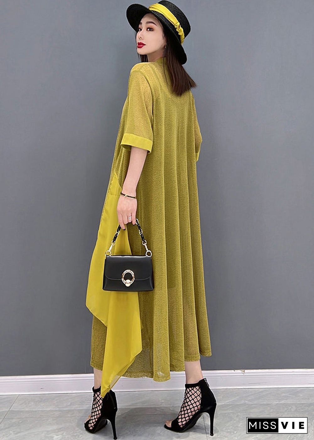 Casual Yellow Asymmetrical Design Patchwork Loose Long Cardigans Summer