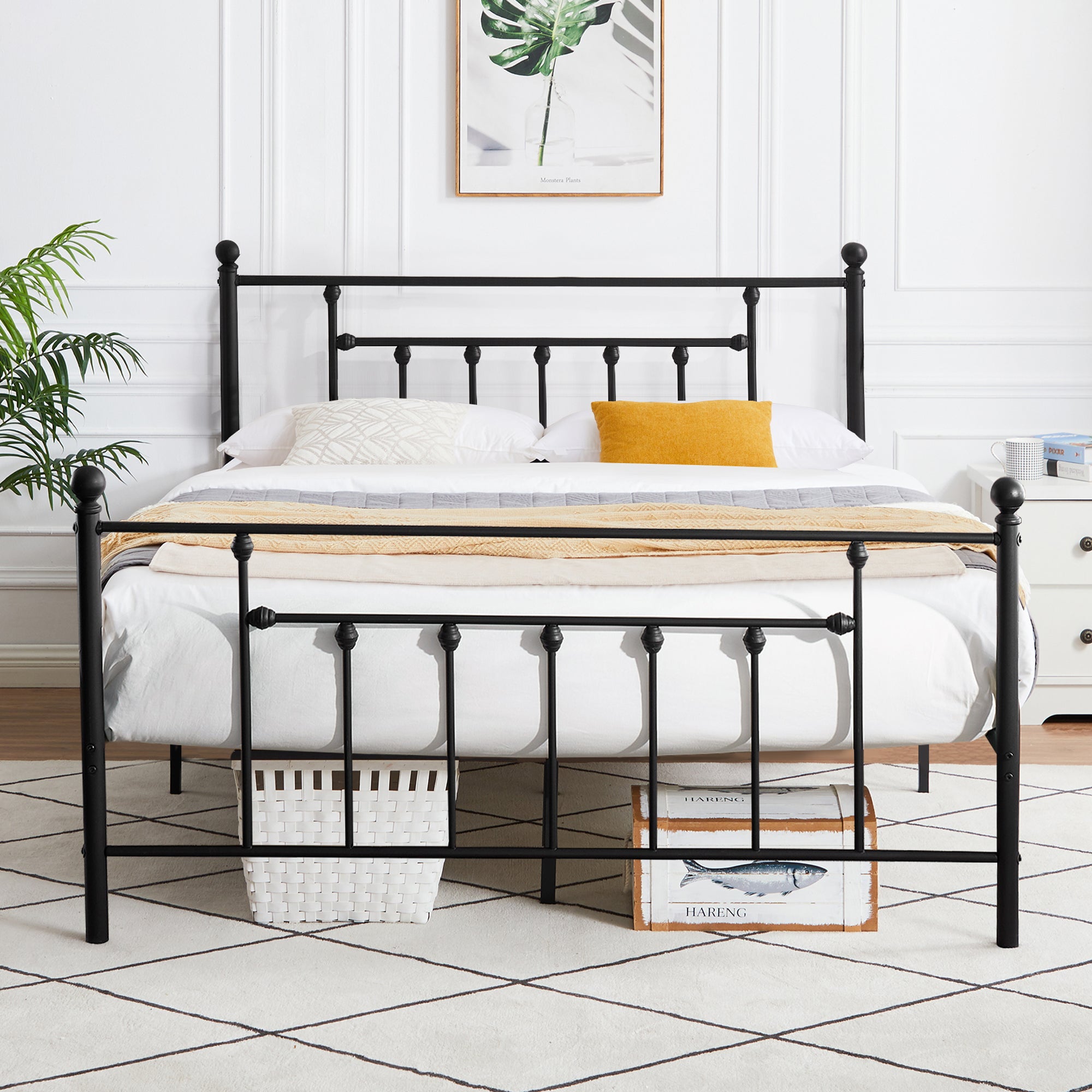 Victorian Full Size Metal Platform Bed with Headboard & Footboard, No Box Spring Needed, Black