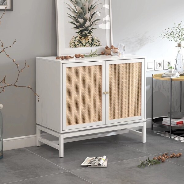 2-Door Accent Cabinet Storage Cabinet With Rattan Skin Decoration 1 Adjustable Inner Shelves，For Dining Room and Living Room