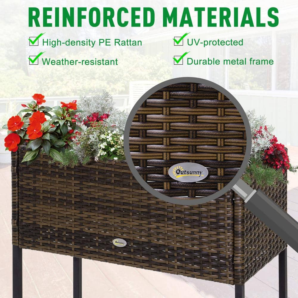 Outsunny Elevated Steel Brown Raised Garden Bed with Rattan Wicker Look， Underneath Tool Storage Rack 867-039