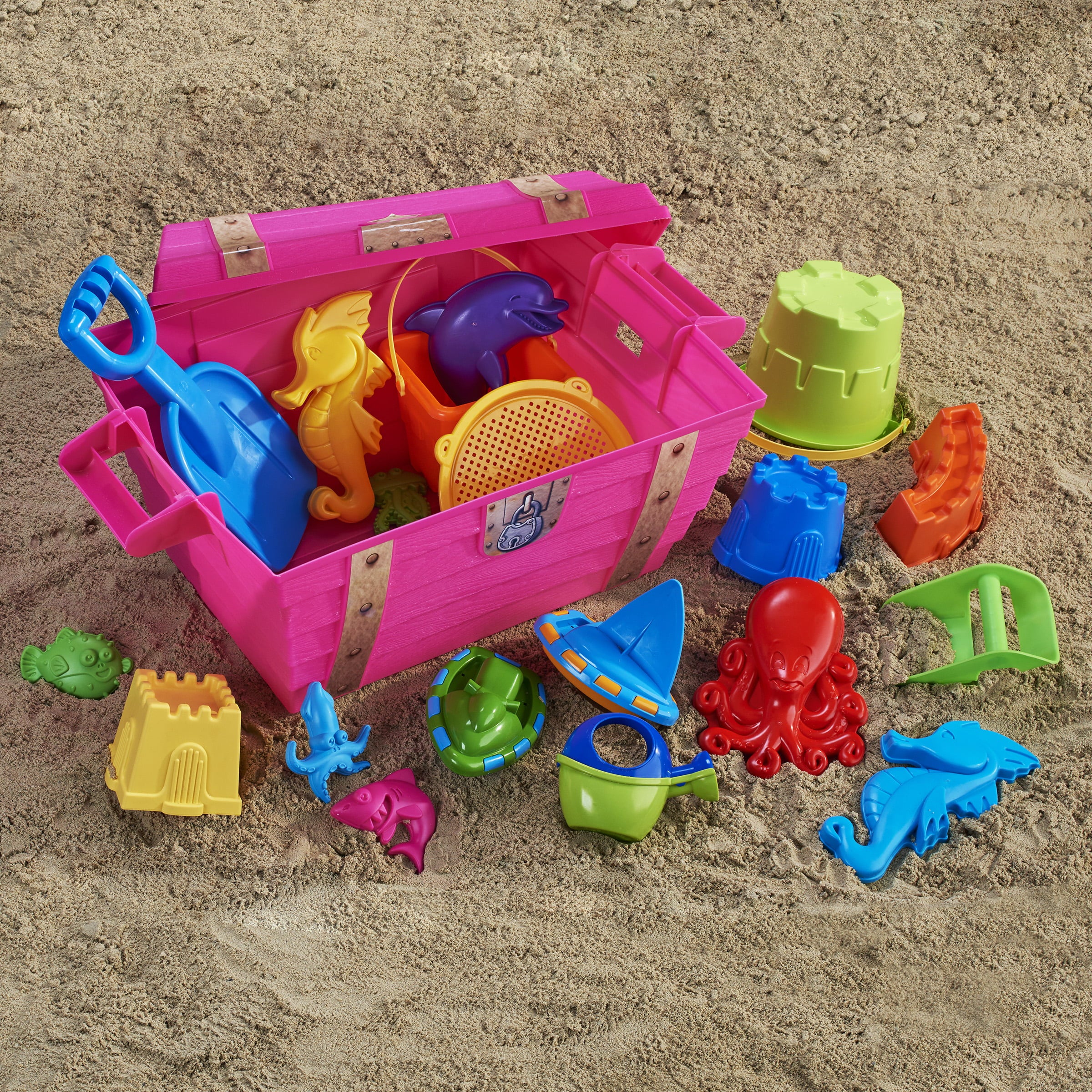 Play Day Treasure Chest with 20-Piece Sand Toys, Pink