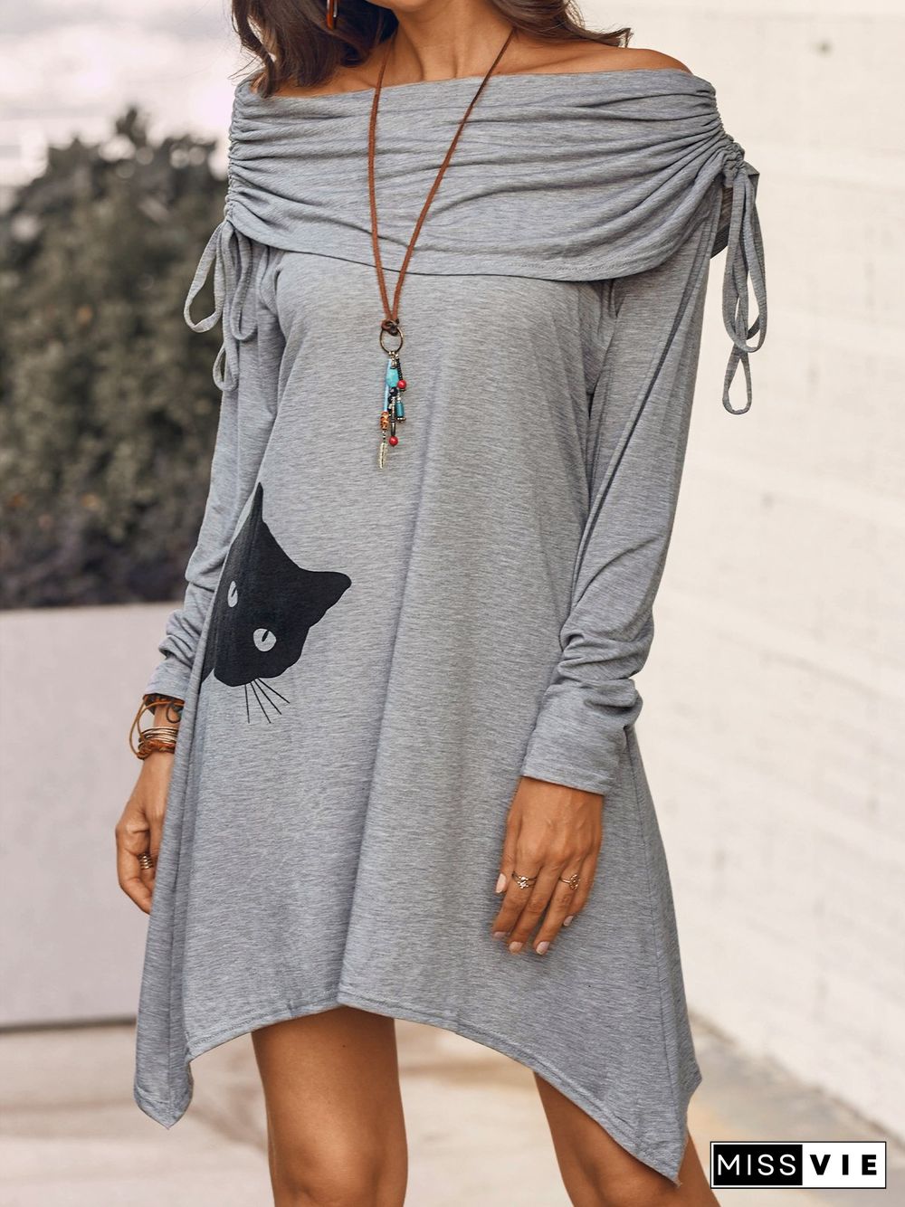 Long Sleeve Printed Cotton Knitting Dress