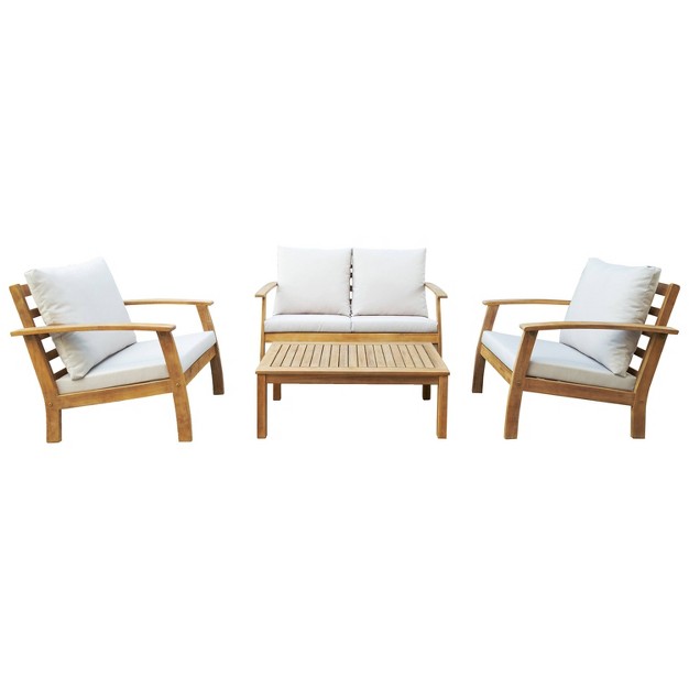 Truwood 4pc Fsc Certified Acacia Wood Patio Set Beige Dukap Weather resistant Eco friendly Outdoor Furniture