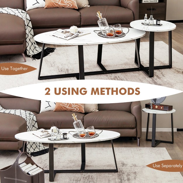 Costway Modern Coffee Table Set Of 2 Faux Marble Nesting Table Set For Living Roomoffice