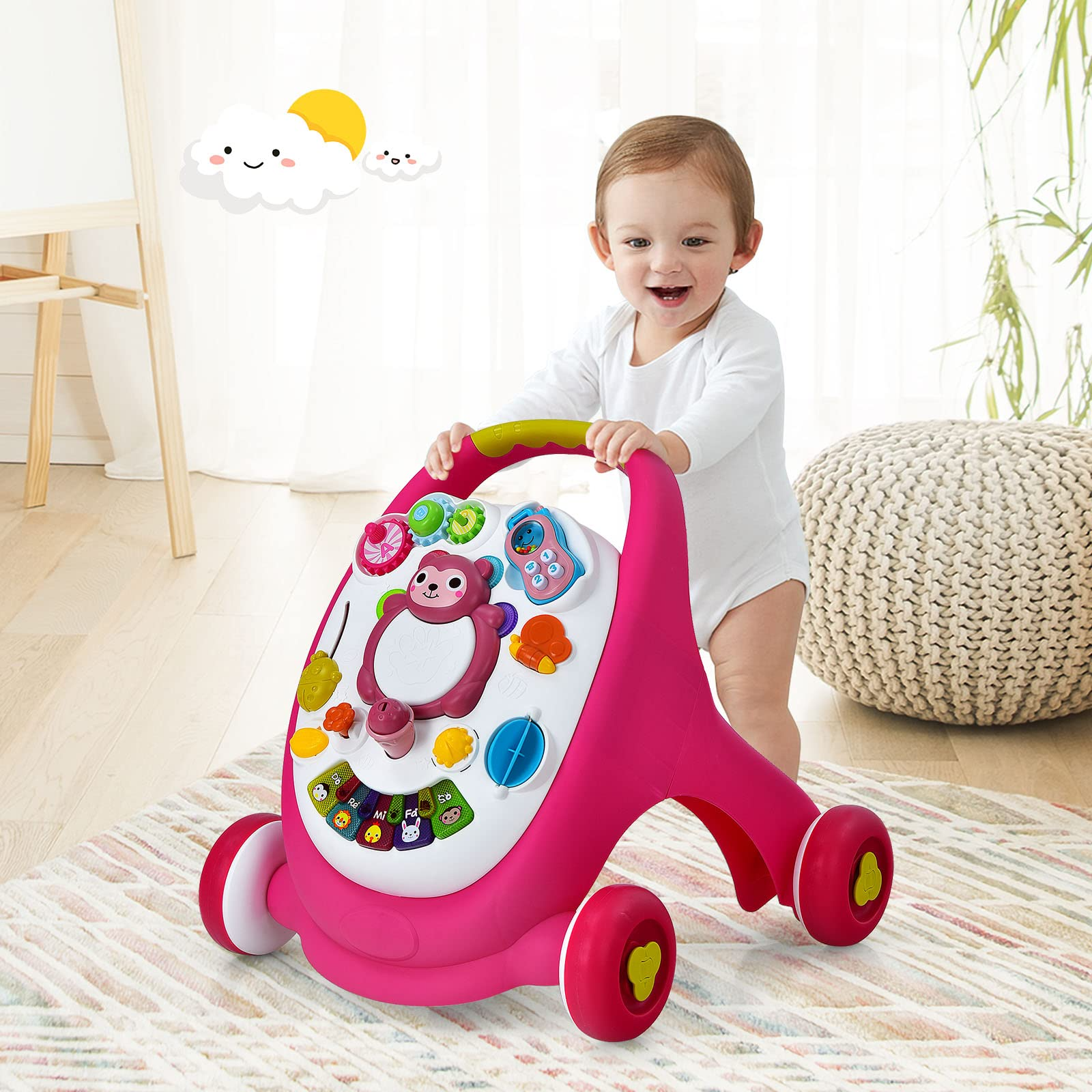 BABY JOY Sit-to-Stand Learning Walker, Early Education Activity Center with Lights & Sounds