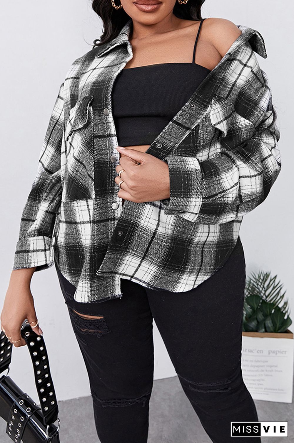 Black Pocketed Plaid Plus Size Jackets