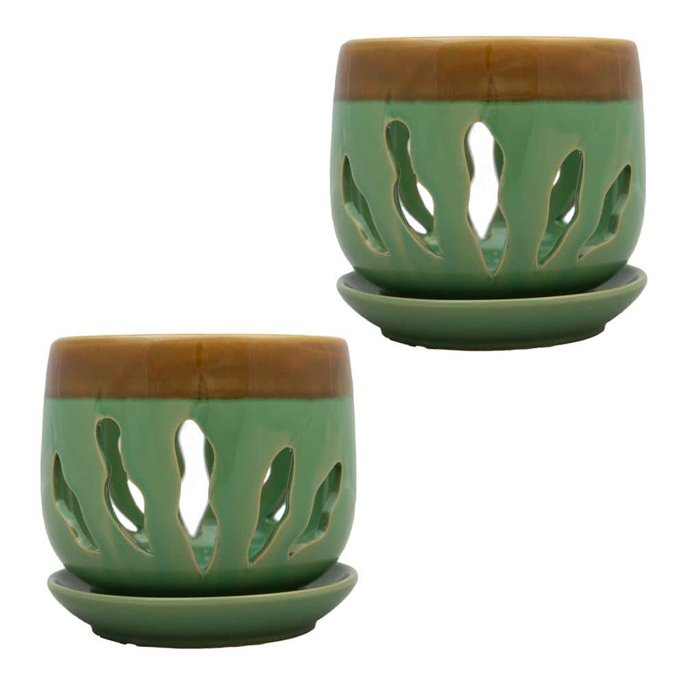 Better-Gro 5 in. Green Ceramic Lilly Design Orchid Pot Twin Pack 54026