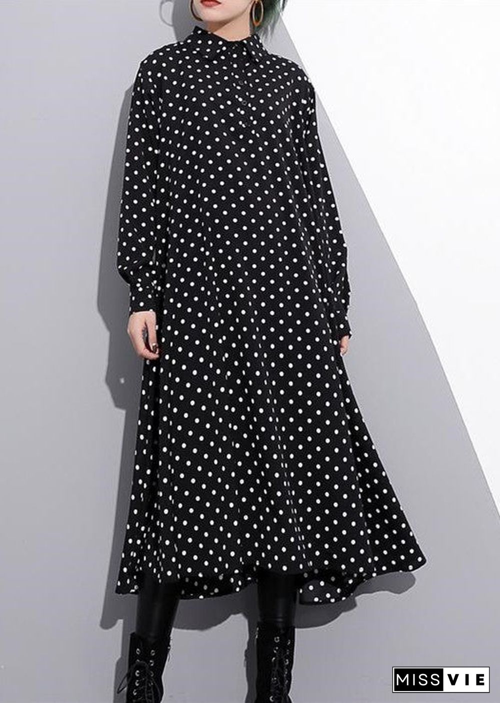 baggy black silk dresses plus size dotted silk clothing dress New stand collar cotton caftans